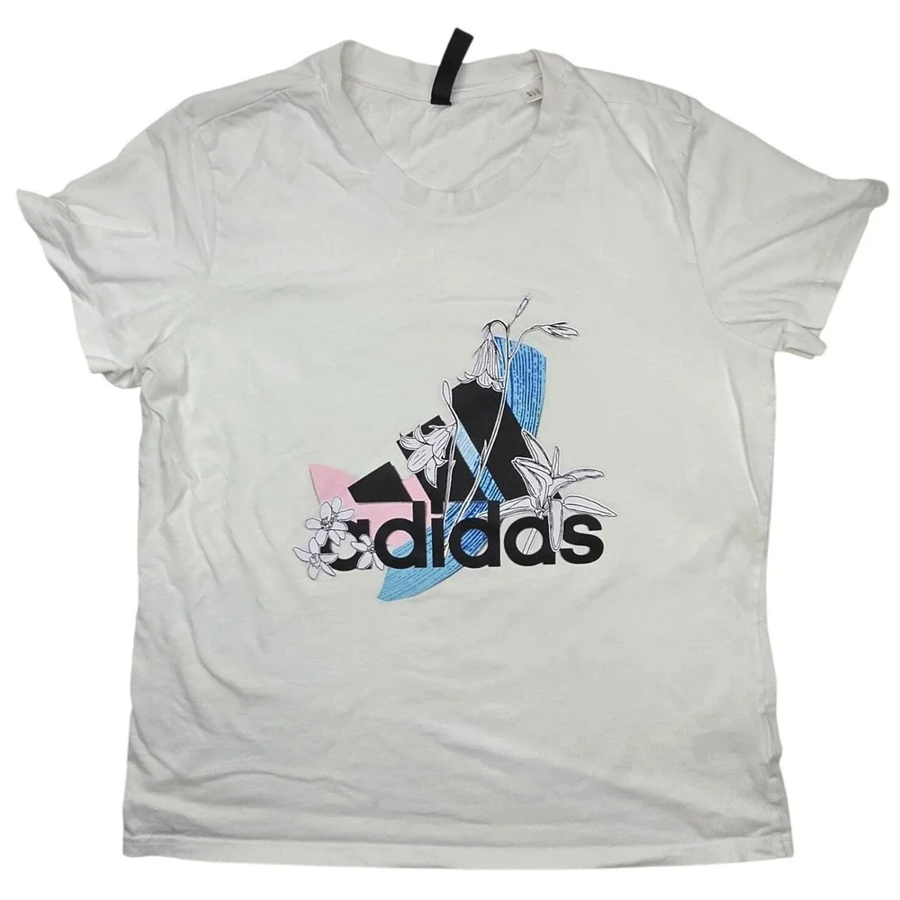 Adidas Womens Floral Graphic Logo T-Shirt White Short Sleeve XL H13771 - Picture 1 of 9